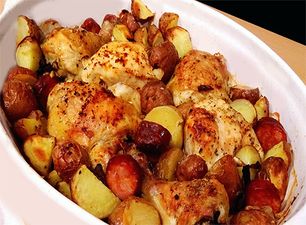 The Portuguese Pantry - Roast Chicken with Potatoes and Chourico There is nothing better and more comforting than roasted chicken with potatoes and Portuguese sausage. With traditional Portuguese flavors in full swing, these potatoes become tender and delicious.  And with the chouriço and chicken on your fork, you end up with magic in your mouth!  Ingredients: 6 chicken thighs 6 red skin potatoes, cut into 2-inch chunks 1 link of chourico, sliced 1 onion, chopped 1 ½ teaspoons salt ½ teaspoon ground black pepper 2 teaspoons paprika 1 tablespoon olive oil  Directions: 1. Preheat oven to 375°F. 2. In an oven safe dish, place the chicken and spread the potatoes, chourico and onion around chicken, filling the entire dish.  3. Sprinkle evenly over the dish, salt, pepper, and paprika. 4. Drizzle Roasted Meals, Roast Chicken With Potatoes, Roasted Chicken With Potatoes, Portuguese Chicken, Portuguese Foods, Portuguese Dishes, Portuguese Sausage, Chicken With Potatoes, Roasted Chicken And Potatoes