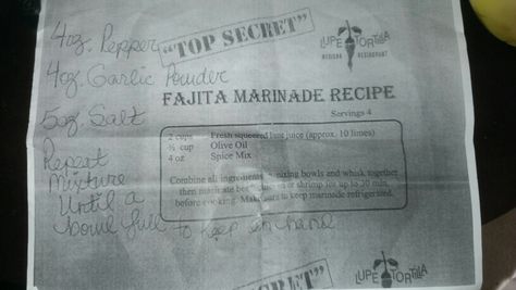 Lupe Tortilla Fajita Marinade 2c fresh squeezed lime juice (~10 limes) 1/2c olive oil 4oz spice mix (= 4oz pepper, 4oz garlic powder, 5oz salt) Combine all ingredients in mixing bowls and whisk together then marinate meat of choice for up to 30 mins before cooking. Keep marinade refrigerated. Discard any used marinade. Do not cross-contaminate. Lupe Tortilla Fajitas Recipe, Beef Fajita Marinade, Steak Fajita Marinade, Fajita Marinade, Fresh Olives, Marinate Meat, Fajita Recipe, Tortilla Recipe, Marinade Recipes