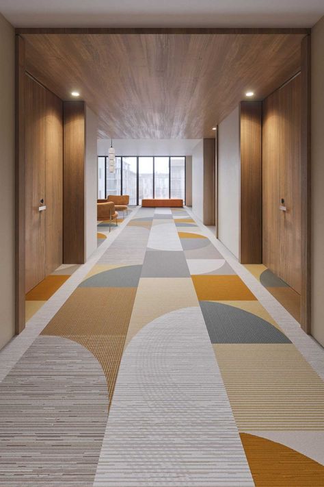 Tarkett Introduces nowHAUS: A Bauhaus-Inspired Flooring Collection Floor Pattern Design, Bauhaus Interior, Sustainable Flooring, Hotel Corridor, Corridor Design, Lvt Flooring, Healthcare Design, Lobby Design, Commercial Flooring