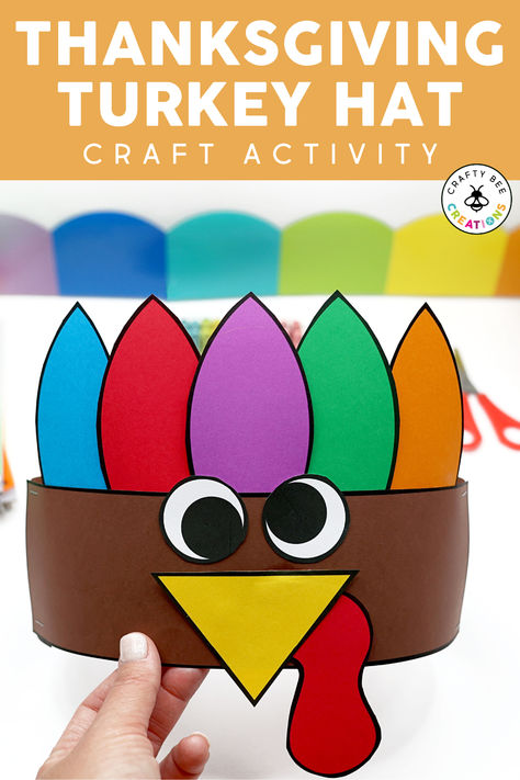 Use this Turkey Hat Craft to celebrate Thanksgiving and all of the November festivities this fall! Print it on cardstock or colored construction paper to make the day festive and fun. Kids in preschool, kindergarten, first grade, and beyond will love parading this fun hat around the classroom. Write what students are thankful for on the feathers or add it to fine motor centers to cut and paste practice. Thanksgiving Craft Kindergarten Easy, Preschool Turkey Headband Crafts, Turkey Crown Craft, Cotton Ball Turkey Craft, Thanksgiving Day Headband, 1st Grade Turkey Craft, Thanksgiving Crafts With Construction Paper, Construction Paper Turkey Craft, Thanksgiving Turkey Headband Craft