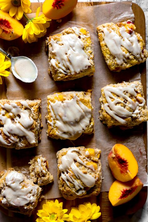 Peach Scones, Glazed Peaches, Scones Ingredients, Sugar Glaze, Bananas Foster, Gf Desserts, Peach Pie, Scone Recipe, Bakery Recipes