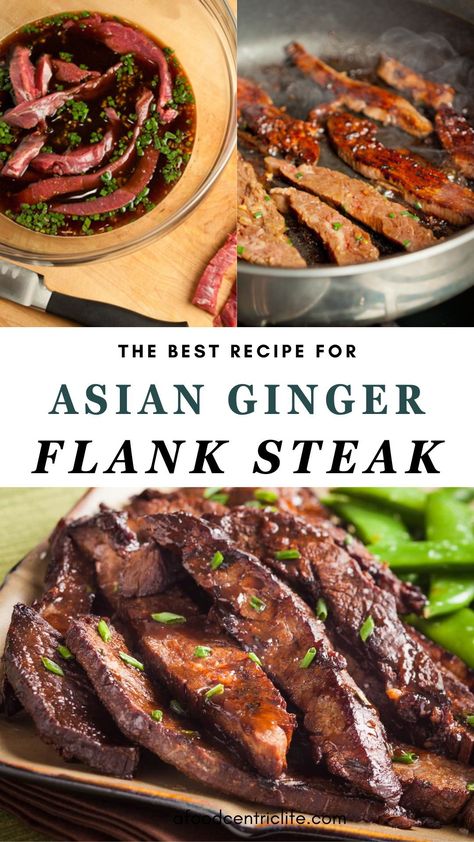 Lean flank steak is marinated in a rich ginger soy blend and cooked to perfection for your dinner. Halve this recipe for 2 servings or double for a bigger group. Asian Skirt Steak, Flank Steak Dinner Ideas, Balsamic Vinegar Marinade, Asian Flank Steak, Flank Steak Marinade, Asian Salads, Steak Marinated, Soy Ginger Sauce, Balsamic Marinade