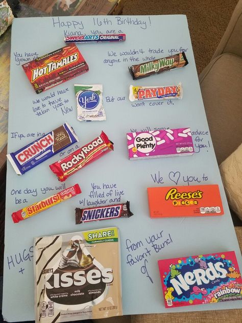 Sweet 16 Wrapping Ideas, Sweet Sixteen Candy Poster, Sweet 16 Cash Gift Ideas, 16 Birthday For Son, Sweet 16 Gifts For Boys, Ideas For Sweet 16 Gifts, Sweet 16 Candy Poster, Diy Sweet 16 Gifts, 16 Days Of Gifts For Sweet 16