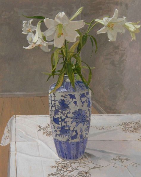 tall white lilies in a vase standing on a patterned tablecloth. Canvas Art Painting Acrylic, Still Life Artists, Oil Painting Inspiration, Still Life Flowers, Flower Painting Canvas, Blue And White Vase, White Lilies, Still Life Art, Blue Vase