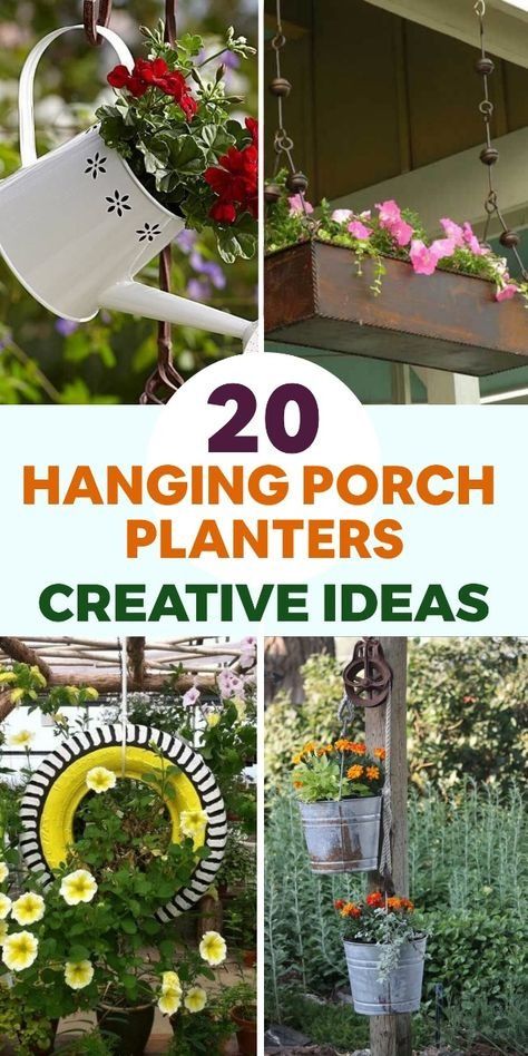 DIY Hanging Porch Flower Planters Diy Hanging Flower Baskets, Railing Planters Diy, Hanging Garden Decor, Diy Wall Planter Outdoor, Recycled Garden Planters, Wall Planters Outdoor, Diy Wall Planter, Pebble Garden, Porch Plants