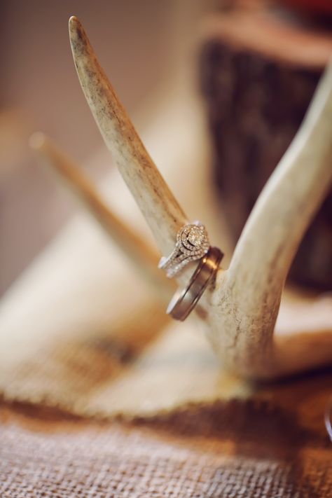 Groom's table was decorated in a rustic outdoor theme. This is their wedding rings. Photo by @Amanda Puckett Hunting Wedding, Antler Wedding, Outdoor Pictures, Beautiful Beach Wedding, Arkansas Wedding, Northwest Arkansas, Amazing Wedding Dress, Western Wedding, Wedding Table Centerpieces