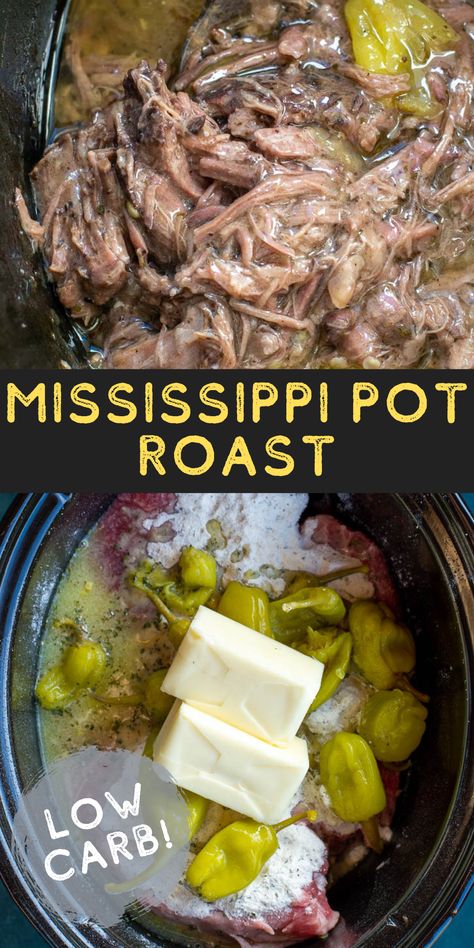 This Mississippi Pot Roast recipe is always a family favorite! This keto-friendly pot roast is made in a slow cooker with just four simple ingredients! Pot Roast Keto, Mississippi Pot Roast Recipe, Roast Beef Crock Pot Recipes, Slow Cooker Mississippi Pot Roast, Crockpot Roast Recipes, Pot Roast Crock Pot Recipes, Healthy Low Carb Snacks, Low Carb Crock Pot Recipes, Pot Roast Recipe