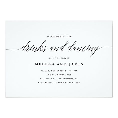 Drinks And Dancing Wedding Invite, Wedding Dance Invites Only, Dance Only Wedding Invitations, Wedding Dance Invitations Only, Wedding Dinner Invitation Card, Simple Drinks, Dancing Wedding, Elopement Invitation, Business Cards And Flyers