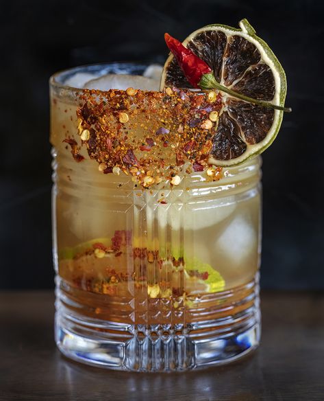 Campfire Whiskey Drinks, Spicy Bourbon Cocktail, Yellowstone Themed Cocktails, Fire Themed Drinks, Yellowstone Drinks, Smoked Tequila Cocktail, Infused Whiskey Recipes, Yellowstone Party Ideas, Cowboy Cocktails