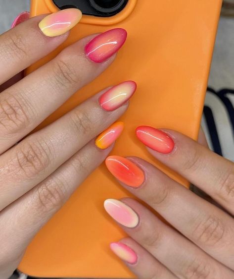 French Rosa, Nails In Red, Almond Gel Nails, Sunset Nails, Pastel Ombre, Hippie Nails, Girly Acrylic, Ombre Glitter, Summery Nails