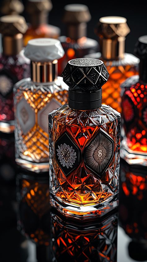 🌟✨ Dive into the captivating world of perfume bottles! Each piece in this geometric and artistic collection tells a story through its delicate designs and luxurious finishes. 🌼 From frosted glass to polished metallic stoppers, the stunning contrast between sharp lines and fluid curves creates a visual feast. The close-up details reveal intricate floral patterns and bold typography that perfect... Luxury Perfume Bottle Design, Vintage Perfume Bottle Illustration, Perfume Bottle Design, Bold Typography, Luxury Perfume, Vintage Perfume Bottles, Vintage Perfume, Bottle Design, Soft Lighting