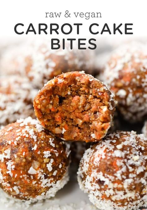 These healthy Carrot Cake Energy Bites remind you of an indulgent slice of cake, but are actually good for you! They're vegan, no-bake and seriously delicious! #energybite #carrotcake #healthysnack Raw Vegan Carrot Cake Bites, Carrot Energy Bites, Vegan Snacks Protein, Raw Carrot Cake Bites, 3 Ingredient Carrot Cake, Carrot Cake Energy Bites, Carrot Bake, Carrot Bites, Carrot Cake Energy Balls