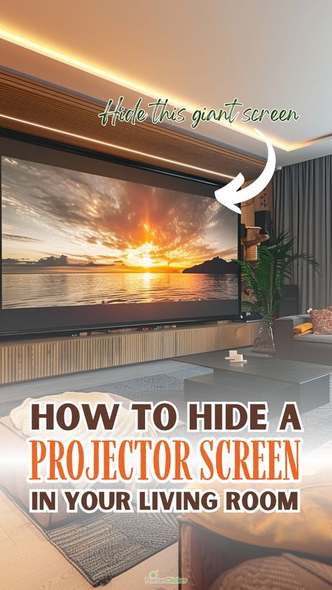 Your living room should be a sanctuary, not a tech warehouse. Learn the art of hiding your projector screen with our exclusive ideas that promise to blend your entertainment system into your home's design seamlessly. From motorized screens that vanish at the click of a button to custom cabinetry that conceals without a trace, our tips will help you create a living room that’s both functional and fabulously stylish. Start your journey towards a clutter-free, cinema-ready living room today! Screen Projector Ideas Living Rooms, Room Ideas Projecter, Home Projector Ideas, Rooms With Projector Screen, Hidden Projector Screen Living Room, Pull Down Projector Screen Living Room, Hide A Projector, Living Room With Projector Ideas, Projection Screen Living Room