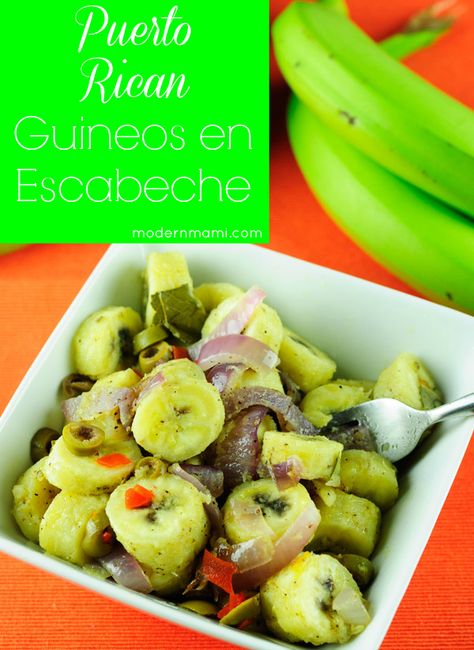 Learn how to make guineos en escabeche with this simple recipe! Guineos en escabeche is a green banana salad from Puerto Rico that makes a delicious side dish! Traditional Puerto Rican Food, Escabeche Recipe, Banana Salad, Puerto Rican Food, Recetas Puertorriqueñas, Puerto Rican Cuisine, Puerto Rican Dishes, Puerto Rico Food, Boricua Recipes