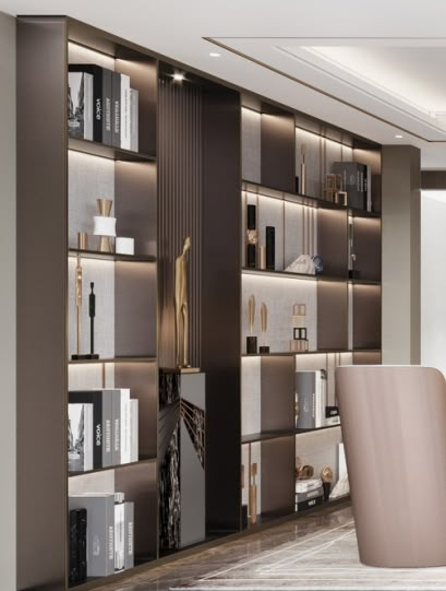 Luxury Home Library Design Modern, Luxury Bookcase Design, Luxury Shelves, Modern Bookcase Design, Luxury Bookcase, Industrial Shop, Home Bar Rooms, Sala Grande, Interior Design Presentation