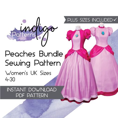 Peach Cosplay Sewing Pattern Bundle, Princess Peach Costume Sewing Pattern - Etsy Cosplay Sewing, Princess Peach Costume, Peach Cosplay, Peach Costume, Eye Tape, Indigo Pattern, Costume Sewing, Costume Sewing Patterns, Machine Pattern