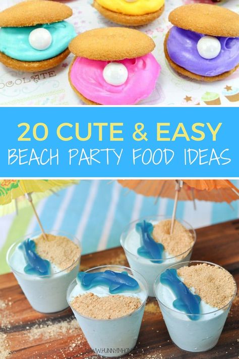 Looking for beach party ideas? You'll love this list of beach party food! It's full of beach party theme ideas, including beach party food ideas and beach themed party food. If you're hosting a beach themed party for kids, you'll love all these beach themed party ideas! There are beach theme party ideas for beach themed cupcakes, beach themed cakes, beach themed cookies, and beach themed snacks. #beachparty Pool Theme Food, Food Ideas For Beach Party, Summer Themed Snacks For Kids, Birthday Pool Party Food Ideas, Surf Theme Food, Ocean Snack Ideas, Beach Party Treats, Beach Theme Treats For Kids, Beach Treats For Kids