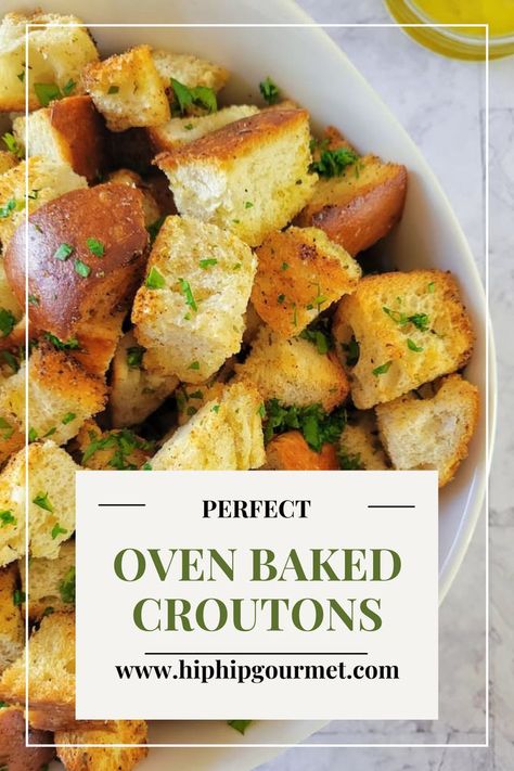 a bowl of croutons garnished with fresh chopped parsley, olive oil in the background Home Made Croutons Recipe, Stale Bread Recipes, How To Make Croutons, Crouton Recipes, Leftover Bread, Croutons Homemade, Stale Bread, Easy Soups, Hearty Soups