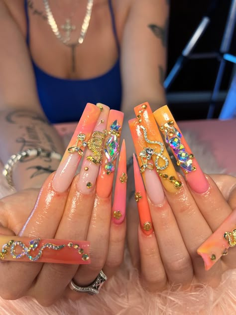 Nail Sets Summer, Exotic Summer Nails, Baddie Bling Nails Summer, Summer Long Nail Ideas, Leo Season Nails, Summer Peach Nails, Long Nails For Summer, Birthday Nails Leo, Xxl Acrylic Nails