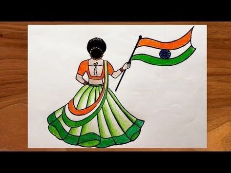 Kudrati Drasy Drawing Simple, Easy Flag Drawing, Independence Day Theme Drawing, Indian Flag Drawing Ideas, Kudrati Drasy Drawing, Independence Day Drawing Competition, Independent Day Drawing, Flag Drawing Ideas, Traditional Girl Drawing