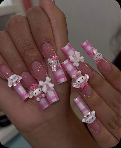 Hello Kitty Header, Sanrio Nails, Junk Nails, Kitty Nails, Girly Acrylic Nails, Cute Acrylic Nail Designs, Hello Kitty Nails, Painted Nails, Really Cute Nails