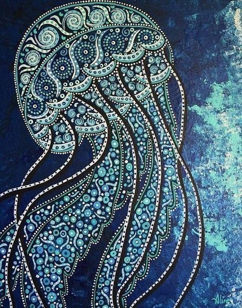 Doodling Painting, Art Jellyfish, Beach Paintings, Aboriginal Dot Painting, Art Trippy, Aboriginal Dot Art, Arte Indie, Blue Jellyfish, Aboriginal Painting