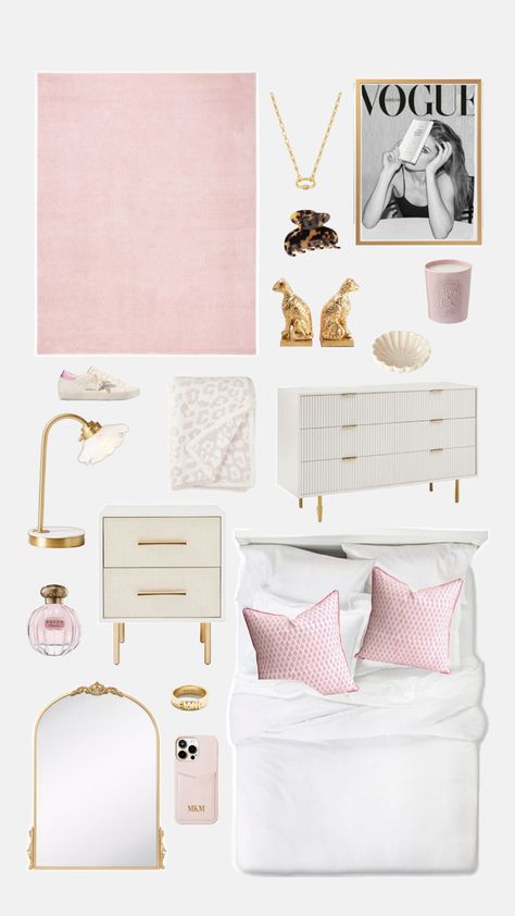 pink, white, gold, bedroom inspo, gossip girl tvshow, blaire, serena, pillows, bed, shoes, mirror, aesthetic, inspiration Pink White Gold Bedroom, Gossip Girl Bedroom, Shuffles Room, White Gold Room, White Gold Bedroom, White Bedroom Decor, White Room Decor, Girls Dorm Room, Room Redesign