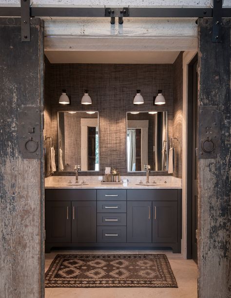 The Rustic Zen | Cashmere Interior Mountain Farmhouse Bathroom, Modern Mountain Master Suite, Mountain Home Powder Room, Mountain Home Wallpaper, Wallpaper For Mountain House, Modern Mountain Bathroom Design, Mountain Home Master Bath, Mountain House Wallpaper, Mountain Home Bathrooms