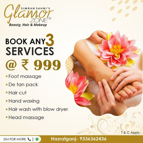 Indulge in Your Perfect Trio! Book any 3 services for just 999 at Glamor Zone Salon. 🌟💆‍♀️ Don't miss this luxurious offer! 🎉 #GlamorZoneSalon #SpaDeals #BeautyTreats#PamperYourself #BeautyBargain #GlamorZoneSalon Salon Offers Ideas, Salon Offers Poster, Beauty Parlour Offer Poster, Parlour Ideas, Men Salon, Offer Poster, Beauty Salon Marketing, Salon Offers, Beauty Salon Posters