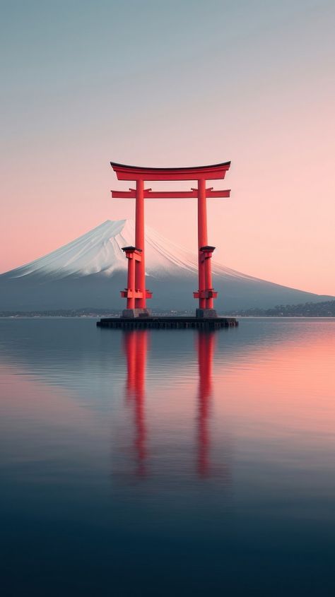 Torii lake fuji mountain sunset | Premium Photo - rawpixel Japanese Background Aesthetic, Tori Gate Wallpaper, Mt Fuji Wallpaper, Sunset Over Water, Tori Gate, Japanese Gate, Zen Wallpaper, Japanese Background, Japanese Wallpaper