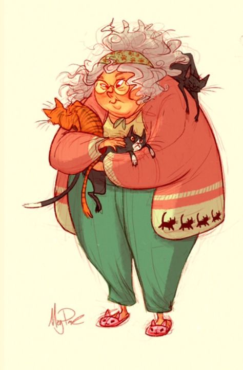 Crazy Old Cat Lady, Old Lady Illustration Character Design, Old Lady Character Art, Character Design Old Lady, Old Lady Reference, Dnd Old Lady, Cat Lady Drawing, Woman And Cat Illustration, Aging Illustration