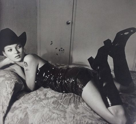 Glen Luchford, Kate Moss, A Black, A Woman, Cowboy, Black And White, Bed, Boots, White