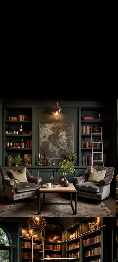 Mountain Library Aesthetic, Study Room Ideas For Men Home Libraries, Wet Bar Library, Speakeasy Library Room Ideas, Bookcase And Bar, Library Room With Piano, Dark Moody Library Office, Home Library With Bar, Home Bar And Library