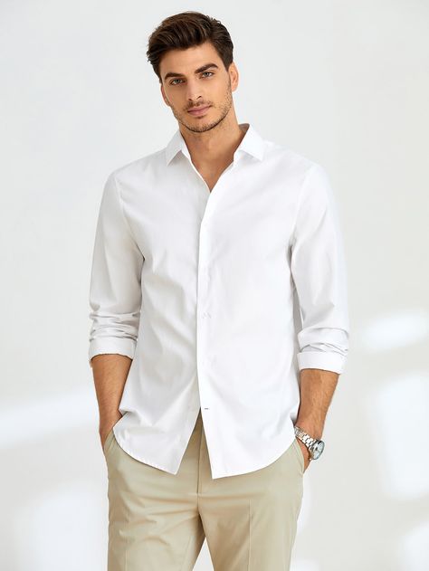 Plan White Shirt, Men Formal Outfit, Wedding Groomsmen Attire, Guy Outfits, Chelsea Wedding, Longsleeve Men, Semi Formal Attire, Shein Men, White Shirt Men