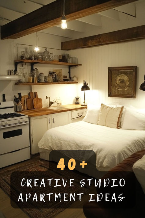 Maximize your small space with 40 creative studio apartment ideas. 🏢🎨 These innovative designs feature space-saving furniture, clever layouts, and stylish decor that transform your living area. Ready to revamp your studio? Click to explore all the creative ideas! #StudioApartments #SmallSpaces #SpaceSaving #CleverLayouts #StylishDecor Bed Next To Kitchen Studio, Home Ideas For Small Spaces, Kitchen Bedroom Studio Small Apartments, Small Studio Inspiration, Kitchen And Bedroom In One Room, 540 Sq Ft Apartment, Studio Apartment Ideas Japanese, Furnishing Studio Apartment, Ny Studio Apartment Ideas