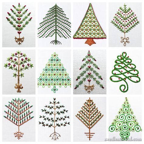 Twelve (Embroidered) Trees for Christmas! – NeedlenThread.com Christmas Tree Embroidery Pattern, Embroidered Christmas Trees, Stitch Decorations, Embroidered Trees, Happy Stitch, Christmas Tree Designs, Easy Decorations, Christmas Hand Embroidery, Embroidered Christmas Tree