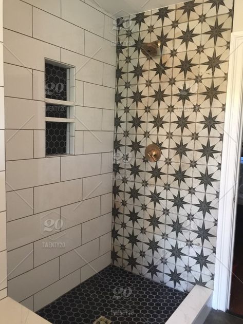 Star Tile Bathroom, Star Tiles Bathroom, Bathroom Shower Remodel, Houses Inspiration, Log Home Kitchens, Black And White Tiles Bathroom, White Tile Shower, Star Tile, New House Bathroom