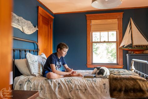 My Favorite Projects from 2020 - Conor's Coastal Bedroom Makeover | Finding Silver Pennies #homedecor #kidsroom #favoriteprojects #interiors Wood Trim Paint Colors, Dark Paint Ideas, Hidden Study, Dark Woodwork, Hall Paint, Painted Wood Ceiling, Dark Wood Trim, Home Paint Color, Kids Shared Bedroom