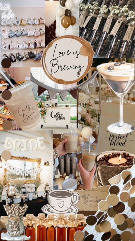 Love is brewing bridal shower theme Coffee Bar Bachelorette Party, Wedding Shower Coffee Bar, Coffee Bar Ideas For Bridal Brunch, Cozy Bridal Shower Theme, Coffee Themed Cake Pops, Bachelorette Coffee Bar, Love Is Brewing Shower Ideas, Love Is Brewing Cookies Decorated, Coffee Birthday Theme