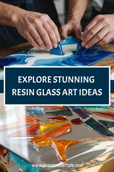 Artists creating colorful resin glass art using vibrant blues and dynamic shapes. Resin Over Glass Mosaic, Broken Glass Artwork Ideas, Resin Stained Glass Diy, Broken Glass Artwork, Crushed Glass Projects, Crushed Glass Resin Art, Unique Resin Ideas, Art Shattered, Resin Collage