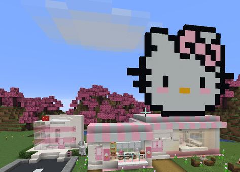 Hello Kitty Statue Minecraft, Hello Kitty Minecraft Builds, Hello Kitty Minecraft House, Sanrio Minecraft Builds, Sanrio Minecraft, Hello Kitty Minecraft, Minecraft Tv, Pink Minecraft, Kitty House