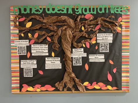 For this bulletin I wanted to make a tree for the *Autumn Aesthetics* but also give my residents some money saving tips, thus "money doesn't grow on trees" was born. I tore and twisted brown butcher block paper to make the tree. I stapled it in random places on the board to form the trunk and branches, actually super simple! Paper Tree Bulletin Board, Tree Themed Bulletin Boards, Aesthetic Bulletin Board, Ra Decorations, Bulletin Board Tree, Bullentin Boards, Ra Bulletins, Ra Boards, Random Places