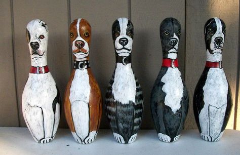 SHORTY'S PIT BULL BOWLING PINS  in the home of Shorty Rossi by Dawn Tarr Diy Bowling Pins, Bowling Ball Crafts, Bowling Pin Crafts, Bowling Ball Garden, Diy Bowling, Bowling Ball Yard Art, Bowling Ball Art, Spindle Crafts, Sculpture Lessons