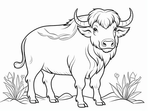 illustration of Buffalo coloring page for download Buffalo Drawing Easy, Buffalo Coloring Page, Buffalo Sketch Drawings, African Buffalo Drawing, Africa Animals Coloring Pages, In Touch With Nature, African Buffalo, Safari Adventure, Coloring Activity