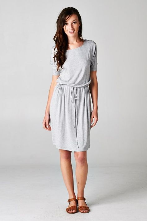 Carrie Dress in Heather Gray | Women's Clothes, Casual Dresses, Fashion Earrings & Accessories | Emma Stine Limited Dresses Comfortable, Grey T Shirt Dress, Carrie Dress, Relaxed Dress, Drawstring Dress, Cozy Dress, Comfy Dress, Grey T Shirt, Grey Dress