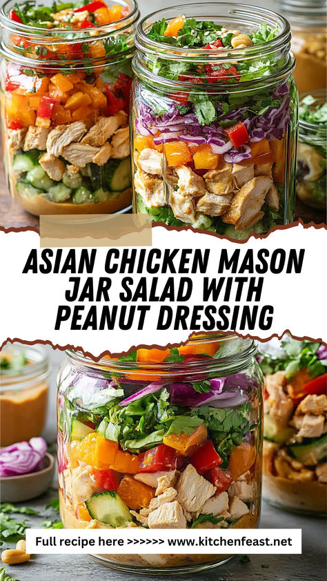 This Asian Chicken Mason Jar Salad is the perfect make-ahead meal! Packed with fresh veggies, juicy chicken, and topped with a creamy peanut dressing, it's healthy, flavorful, and so easy to assemble. Perfect for meal prep or a quick lunch on the go! Mason Jar Meals Lunch, Chicken Mason Jar Salad, Jar Lunch Ideas, Basic Quiche Recipe, Easy Asian Chicken, Mason Jar Meal Prep, Jar Salad Recipes, Mason Jar Lunch, Salad With Peanut Dressing