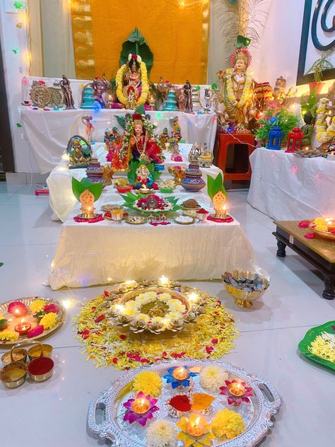 Lakshmi Devi puja and Diwali decoration idea Diwali Lakshmi Puja Decoration, Lakshmi Puja Decoration At Home, Diwali Lakshmi Pooja Decoration Ideas, Diwali Laxmi Pooja Decoration, Laxmi Puja Decoration At Home, Diwali Puja Decoration, Diwali Laxmi Pooja, Diwali Decoration Idea, Laxmi Pooja