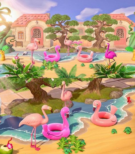 Acnh Pink Beach Ideas, Acnh Flamingo Beach, Acnh Flamingo, Acnh Summer Codes, Acnh Summer Island, Acnh Residential Area, Acnh Tropical Island Ideas, Acnh Tropicore, Acnh Summer