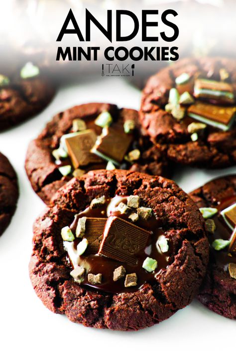 A close up shot of several Andes Mint Cookies sitting on top of a white background. Recipes With Andes Mints, Andes Mint Thumbprint Cookies, Chocolate Cookies With Andes Mints, Chocolate Andes Mint Cookies, Andes Mint Cookies Devils Food, Chocolate Cookie With Andes Mint, Andes Mint Cookies, Chocolate Mint Cookies, Andes Mint