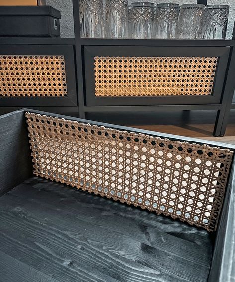 This IKEA VITTSJÖ hack created a rattan home bar | Livingetc Ikea Baggebo Cabinet Hack, Fjallbo Ikea Hack, Ikea Vittsjo Hack, Vittsjo Hack, Ikea Vittsjo, Rattan Cabinet, Diy Cabinet Doors, Antique Typewriter, Ikea Furniture Hacks